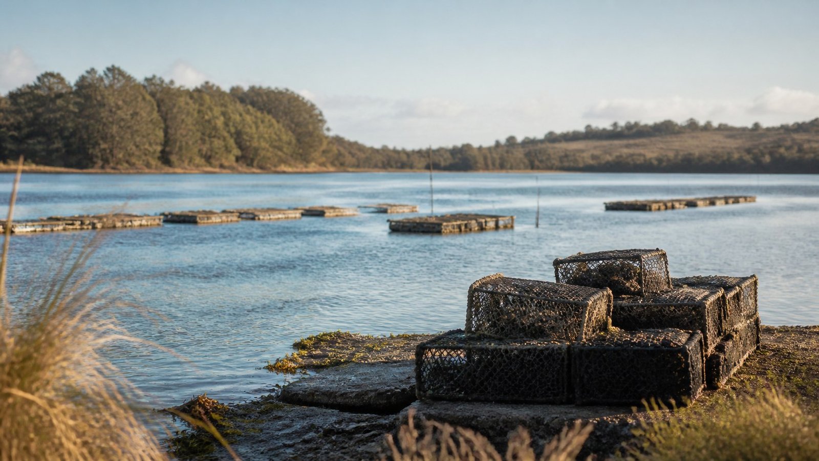 Oyster farming operations on the estuary